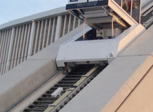 Funicular elevator to an observation deck and for maintenance in a soccer stadium 