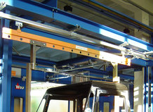 Overhead monorail system with painting cabin for the transport of components for the utility vehicle manufacturing